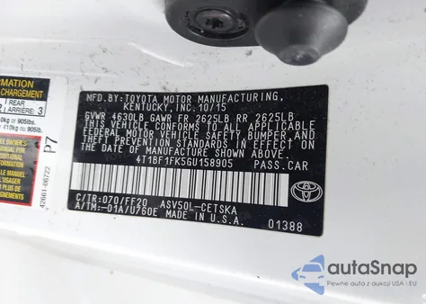 2016 Toyota Camry Le/Xle/Se/Xse из США, поврежденный, VIN 4T1BF1FK5GU158905